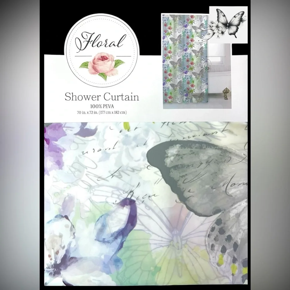 Butterfly Floral Shower Curtain PEVA Multi-Color Watercolor Spring Summer NWT